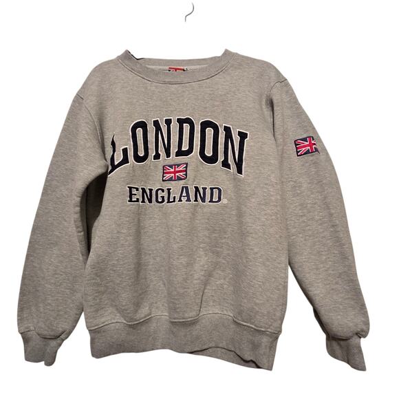London England Embroidered Patch Sweatshirt MD Grey Souvenier Travel Union Jack - Picture 1 of 11